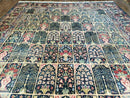 Persian Rug 10x15, Authentic Oriental Carpet 10 x 15, Wool Area Rug Panel Design Hand-Knotted Vintage Kirman Yazd Rug, Dark Blue and Beige,  Floral