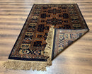 Vintage Afghan Rug 4x6, Navy Blue and Light Brown, Geometric Medallions, Wool on Wool, Tribal Rug