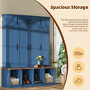 [Assembly Video Provided]  Farmhouse Hall Tree with 4 Hidden Hanging Hooks, Versatile Walnut Seating Bench with 8 Doors, Entryway Shoe Cabinet with Open Compartments for Living Room, Blue