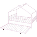 Full Size Metal House Bed with Twin Size Trundle, Pink