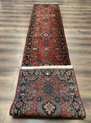 Indo Persian Heriz Runner Rug 2 x 12 ft, Hand Knotted Wool Hallway Rug, Red & Black