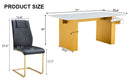 Table and chair set.Large modern rectangular table with 0.4 inch patterned glass tabletop and large MDF table legs.Comes with 8 chairs with faux leather cushioned seats and golden metal legs.