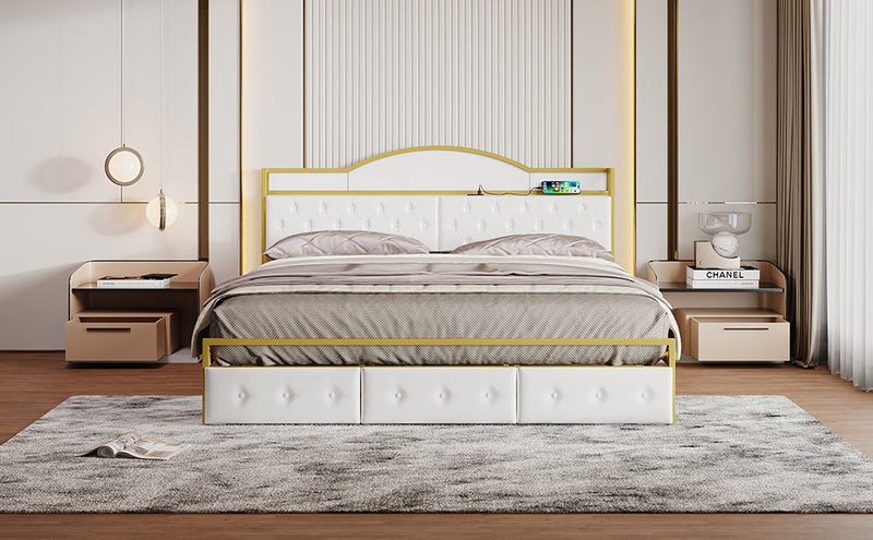 Metal Platform Bed With 3 drawers, Storage Headboard, King, Gold