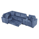 L-shaped Convertible Sofa Bed with Pull-Out Bed, Cup Holders, and Storage Space, Blue Chenille, 120.5'