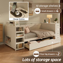 White Wooden Twin Size Daybed with Side Shelves & Drawers, Multi-Functional Desk & Charging Station