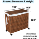 Laundry Hamper With Lid PE Rattan Powder Coating Frame Clothes Hampers with 02 Removable Bags, Wheels, 160L, Brown Color
