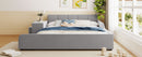 Queen Size Upholstered Grounded Bed, Mother & Child Bed with Bedside Desk and Little Round Stool, Velvet, Gray