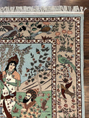 Indo Persian Pictorial Rug 4x7, Handmade Hand Knotted Wool Semi Antique Horizontal Carpet, Men & Women Drinking, Fine Rug, Bird Pictorials