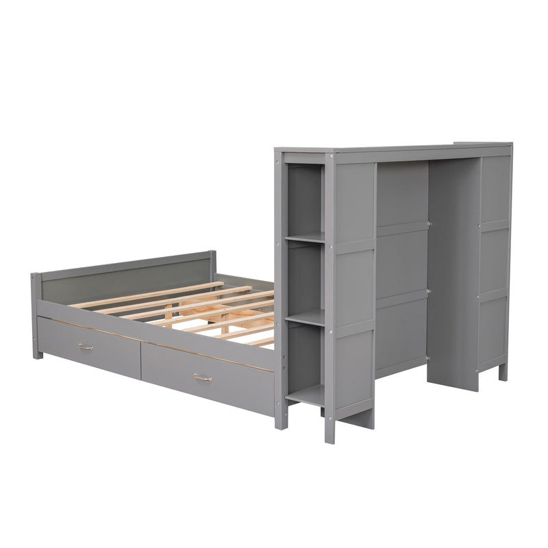 Full Size Platform Bed with Drawers and Storage Shelves, Gray