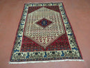 3' X 5' Vintage Handmade India Geometric Oriental Wool Rug Nice Birds Ivory Red