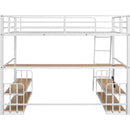 Full Size Metal Loft Bed with Desk, Storage Shelves and Charging Station, White