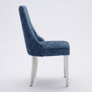 Rayon Cloth Flocking Chenille Dining Chairs Channel Kitchen Dinner Chair Comfy Fabric Upholstered Accent Chair for Dining Room with Silver Brushed Stainless Steel Legs,Set of 2 (Blue), SW1747BL