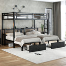 Full XL Over Twin & Twin Triple Bunk Bed with Drawers, Multi-functional Metal Frame Bed, Bed Head with Shelving & USB, Black