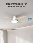 44 Inch White Smart Ceiling Fan With Dimmable LED Light And Remote