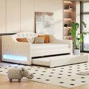 Elegant Upholstered Full XL Size Daybed with LED Belt and Trundle, Beige Linen Finish