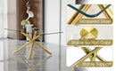 Table and chair set.Modern Luxurious Transparent Tempered Glass Dining Table Set with 8 Chairs.Single Fork Golden Metal Table Legs.Black high-quality PU dining chairs with golden metal legs.