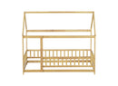 Twin Size House Floor Wooden Bed with Roof Frame,Safety Guardrails,Natural