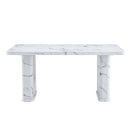 Table and chair set.64.5x35.4 Inch Stylish White Marble Textured Dining Table.Paried With 4 Black PU Chairs with a vertical stripe design on the backrest.Create Your Exclusive Low-Key Luxury Space.