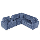 L-shaped Convertible Sofa Bed with Pull-Out Bed, Cup Holders, and Storage Space, Blue Chenille, 120.5'