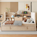 Twin Size Upholstered Daybed with Trundle, Storage Shelves, USB & Outlet (Beige)