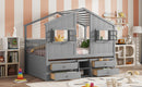 Full Size House Loft Bed with Roof, Windows,4 Storage Drawers,Pine Wooden Bed with Safety Guardrails,Ladder,Grey