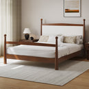 Mid-Century Modern Queen Size Solid Pine Wood Platform Bed with Upholstered Headboard in Boucle, No Box Spring Needed, Brown