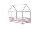 Twin Size House Floor Wooden Bed with Roof Frame,Safety Guardrails,Pink