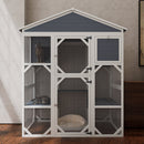Gray Wooden Catio Outdoor Cat house Enclosure with Waterproof Top, 3 Platforms & 2 Napping House Small Pet Animal Cage