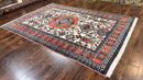 Persian Tribal Rug 8x11, Persian Ardabil Rug, Geometric Medallion Animal Pictorial Rug, Ivory Red Blue, Hand Knotted Vintage Wool Carpet