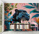 Black Panther in Pink Tropical Forest Wall Mural. Fashionable Botanical Chic Decor.