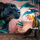 Black Panther in Pink Tropical Forest Wall Mural. Fashionable Botanical Chic Decor.
