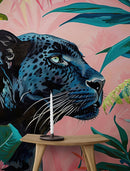 Black Panther in Pink Tropical Forest Wall Mural. Fashionable Botanical Chic Decor.