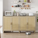 Natural Rattan Buffet Cabinet with Storage, 4-Door Sideboard, Adjustable Shelves, 70-Inch