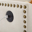 cream white fabric swivel rotating accent chair with USB and magazine book for living room and hotel bed room