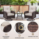Two Outdoor Swivel Wicker Glider Patio Chairs With Table Set Brown Rattan And Beige Cushions