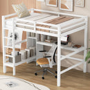 Full Size Loft Bed with Multifunction Shelves and Under-bed Desk, White