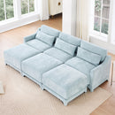 Ergonomic Three-Seater Sofa with Movable Ottomans and Lumbar Pillow in Sky Blue Chenille
