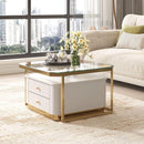 Modern 2 Pieces White Square Nesting Coffee Table with Drawers & Electroplated gold legs in 27.6"