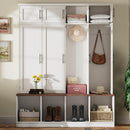 [Assembly Video Provided] Farmhouse Hall Tree with 4 Hidden Hanging Hooks, Versatile Walnut Seating Bench with 8 Doors, Entryway Shoe Cabinet with Open Compartments for Living Room, White