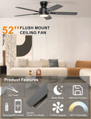 52 Inch Flush Mount Ceiling Fan With Remote App Control