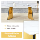Table and chair set.63'x31.5x30' Luxurious Snow Mountain Patterned Sintered Stone Table with Golden Stainless Steel Butterfly Legs.Paried With 4 Black High-quality PU Chairs With Arched Metal Legs.