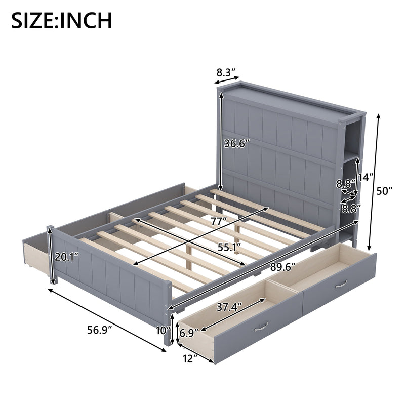 Full Size Platform Bed with Drawers and Storage Shelves, Gray