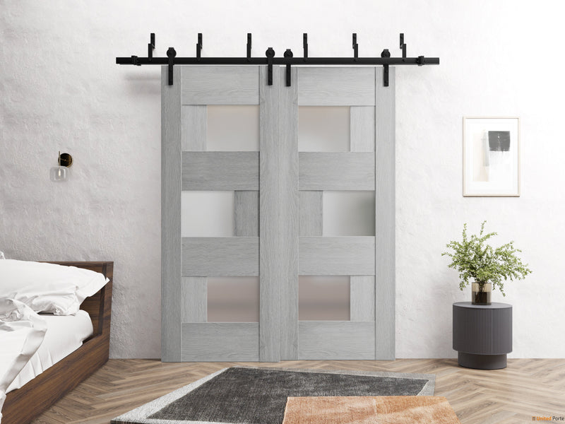 Sete 6933 Light Grey Oak Double Barn Door with Frosted Glass and Black Bypass Rail