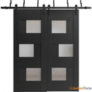 Sete 6933 Matte Black Double Barn Door with Frosted Glass and Black Bypass Rail