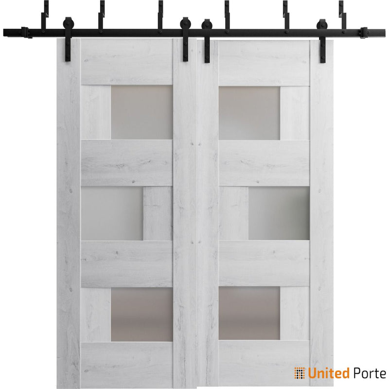 Sete 6933 Nordic White Double Barn Door with Frosted Glass and Black Bypass Rail