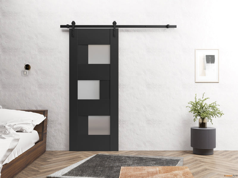 Sete 6933 Matte Black Barn Door with Frosted Glass and Black Rail