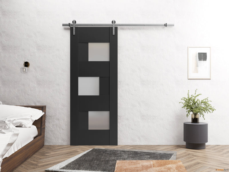 Sete 6933 Matte Black Barn Door Slab with Frosted Glass