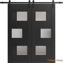 Sete 6933 Matte Black Double Barn Door with Frosted Glass and Black Rail