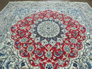 Square Persian Nain Rug 6'3" x 6' 8", Hand-Knotted, Wool with Silk Accents, Ivory Red Blue