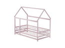 Twin Size House Floor Wooden Bed with Roof Frame,Safety Guardrails,Pink